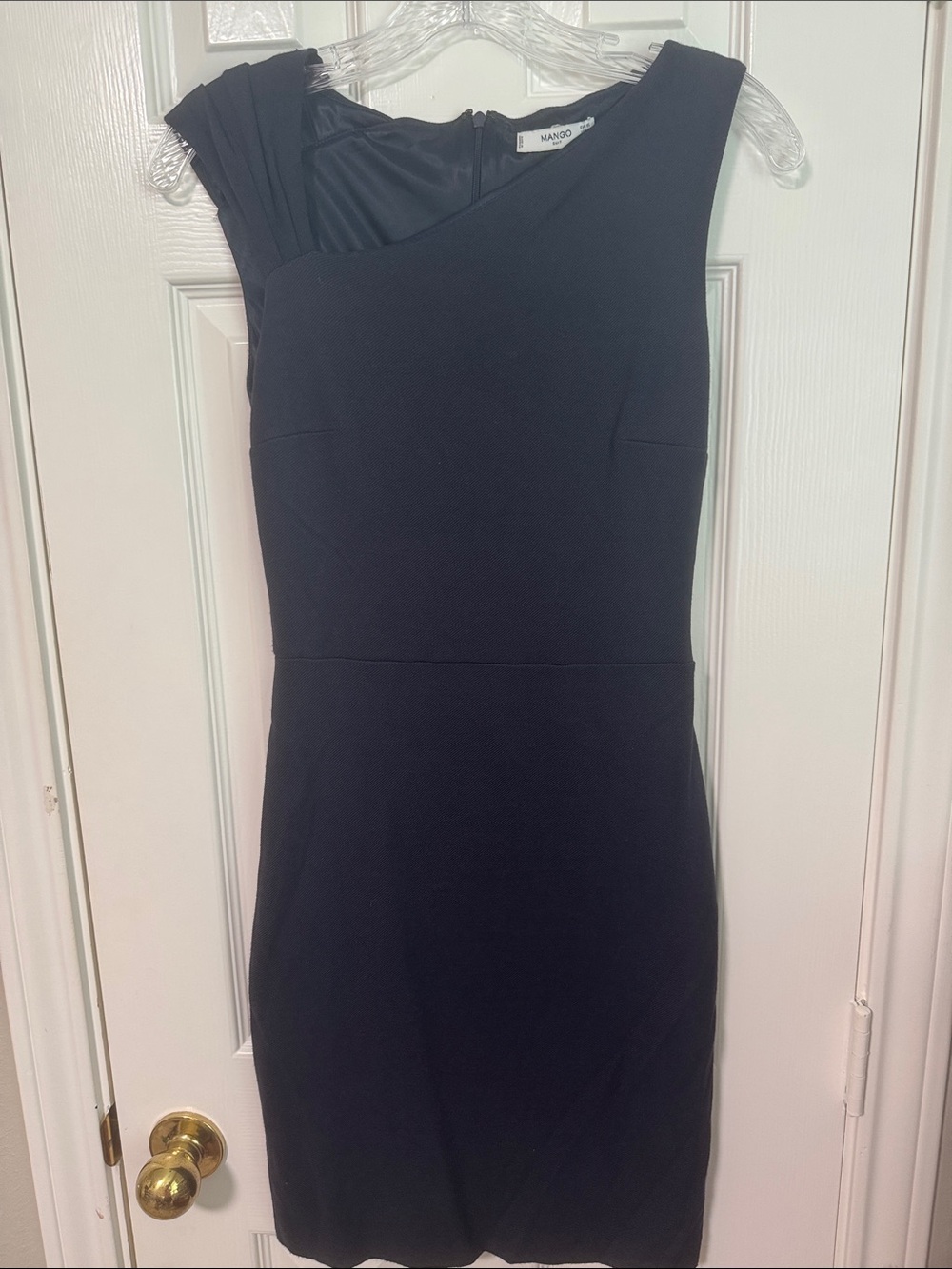 Mango Black One-Shoulder Sheath Dress with Pleated Shoulder